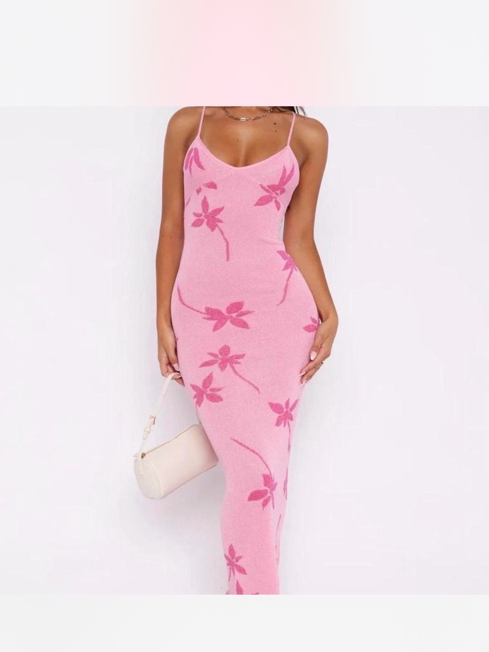 White fox Pink Floral Slip Maxi Dress - Sleek Spaghetti Strap Design